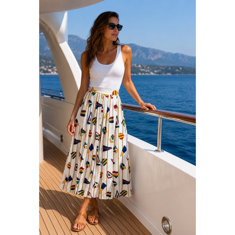 JH Collectibles Vintage White Nautical Sailing Flag Pleated Midi Skirt Size 10